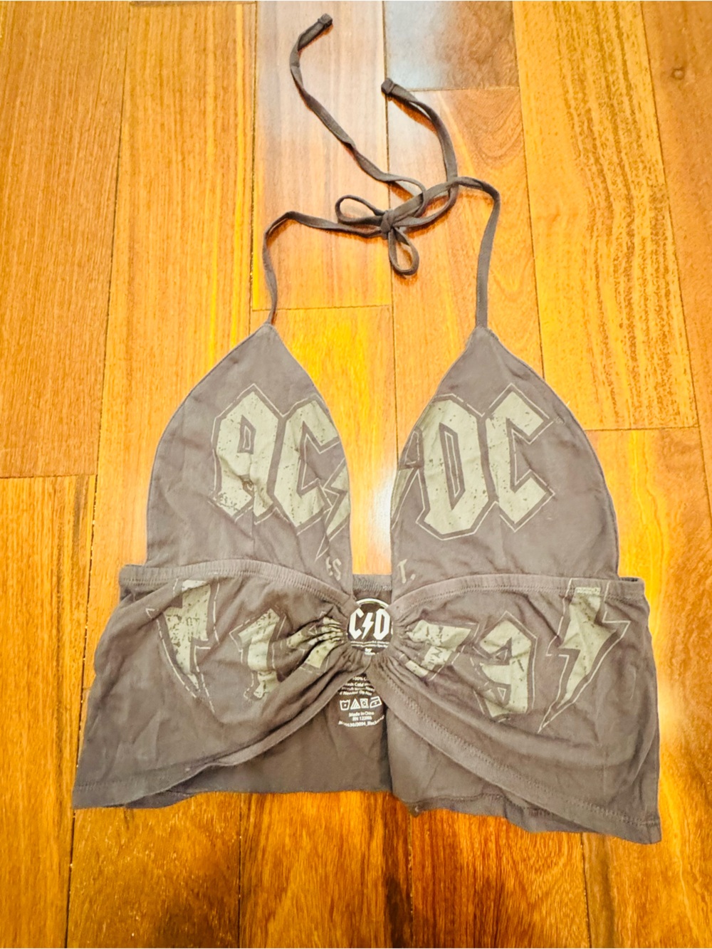 AC/DC Goodie Two Sleeves Halter Top Large Back In Black Cutout Graphic Y2K